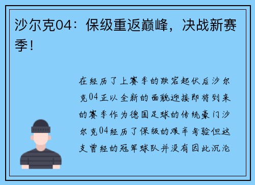 沙尔克04：保级重返巅峰，决战新赛季！