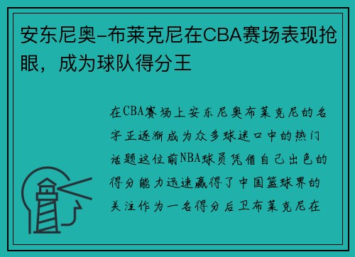 安东尼奥-布莱克尼在CBA赛场表现抢眼，成为球队得分王